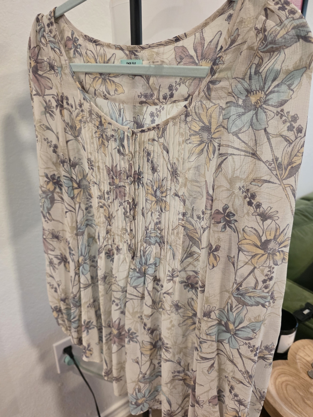 Kimchi Blue Floral Pintuck Peasant Blouse - Cream with Blue & Yellow Flowers